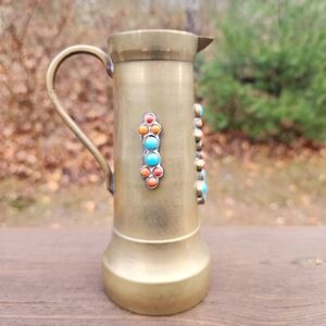 Vintage Brass Pitcher with Turquoise, Red And Black Stones